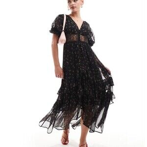 ASOS Dark Floral Chiffon Midi Dress Ruffles Whimsygoth Dark Romantic Sz 4 PETITE